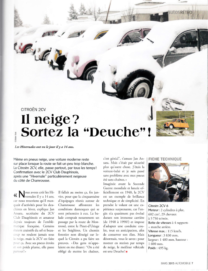 Les Hivernales du 2 CV Club Dauphinois, supplément Automobile du Dauphiné Libéré, mars 2015