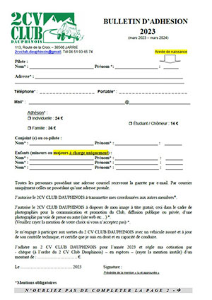 Bulletin d'adhésion au 2 CV Club Dauphinois 2023